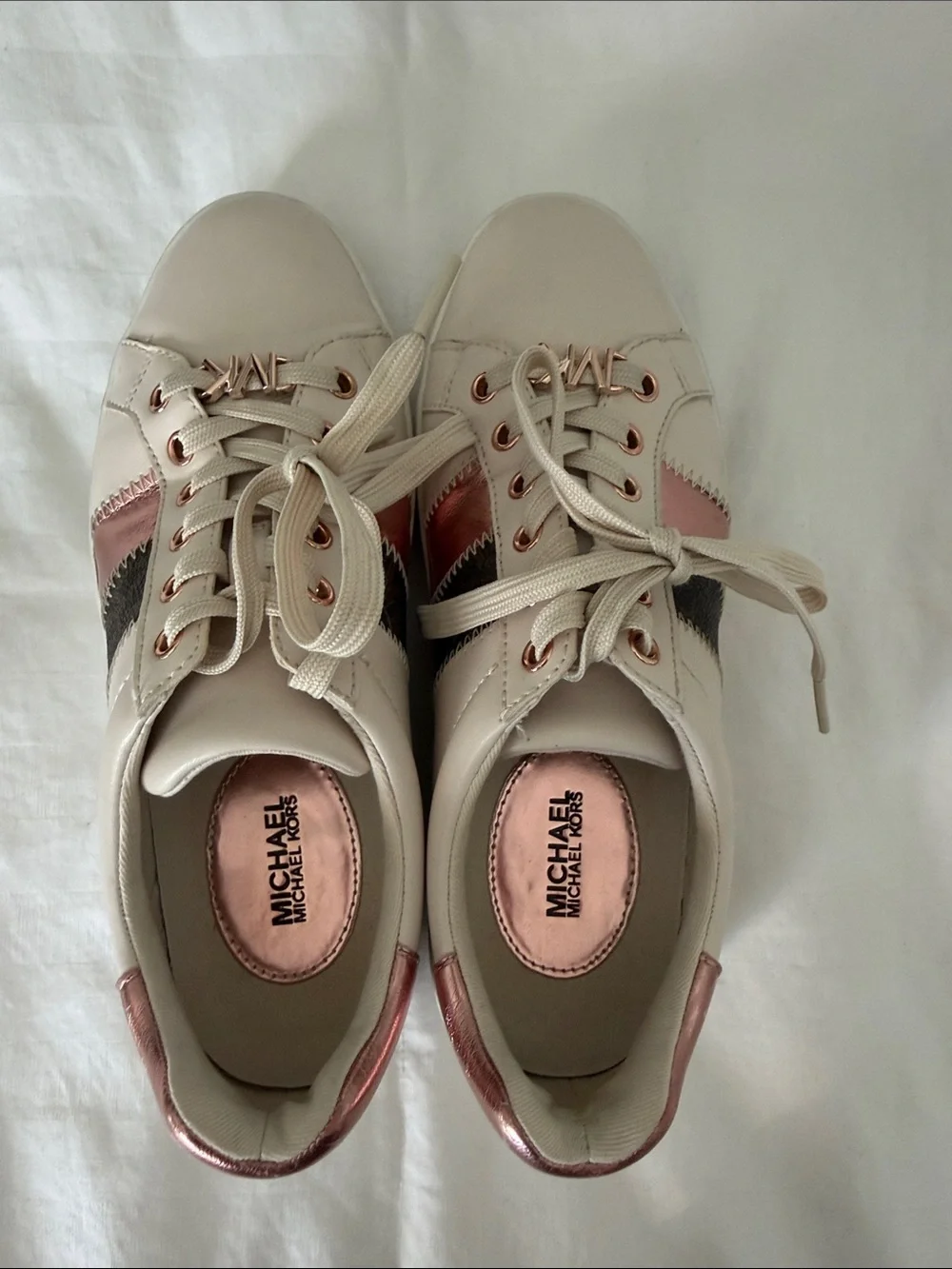 Michael Kors Cream Leather Sneakers with Rose Gold and Black Accents